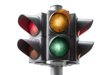 Traffic light with yellow light on isolated on transparent background for caution
