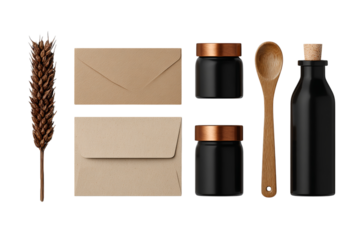 Black minimalist design elements for branding, including black glass jars with copper amber-colored caps and wooden scoops isolated on a transparent background in PNG format.