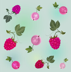 Seamless tile pattern with different pink berries raspberries currants
on a green background