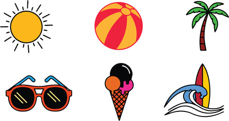  summer vacation icons featuring sun, beach ball, palm tree, sunglasses, ice cream and surfboard isolated on white background