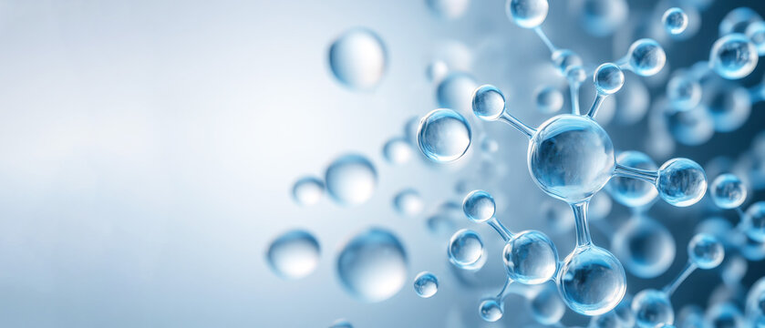 Scientific molecule structure banner, peptide bond formation, cosmetic nanoscience, skincare innovation, biomedical background, anti-aging research, active ingredient design, copy space