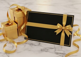 Elegant black card with gold ribbon and gift boxes on marble surface