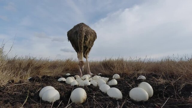 Low wide angle of a Common Ostrich (Struthio camelus) standing among its eggs in dry savannah grassland at midday in Kenya