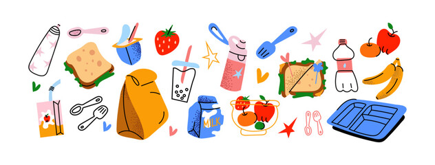 Lunch and snack stickers set. Cartoon sandwiches, fruits, drinks, lunchboxes, and school meal essentials. Fun and colorful doodle illustrations for kids' lunchtime and takeout food.