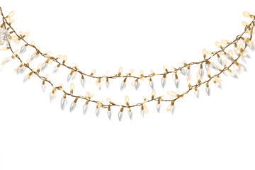 Lights garland isolated on white background. LED lamps shining on PNG, glowing garland. festive holiday decoration design elements