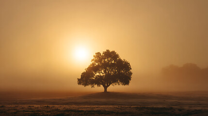 Solitary tree silhouetted against a golden sunrise in a misty meadow image