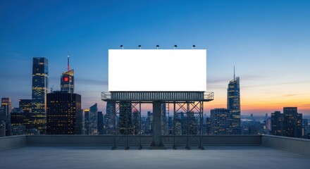 Blank Billboard on Rooftop with City Skyline at Dusk.