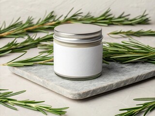Glass jar with blank label surrounded by fresh rosemary sprigs on a stone slab