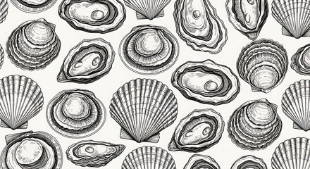 Exquisite hand-drawn oyster and scallop shell pattern evokes the bounty of the sea, perfect for gourmet food branding and coastal decor.