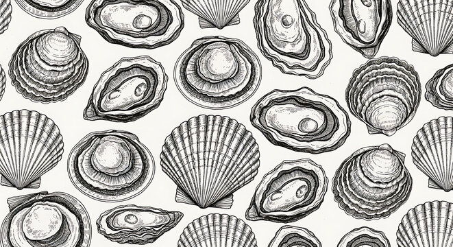 Exquisite hand-drawn oyster and scallop shell pattern evokes the bounty of the sea, perfect for gourmet food branding and coastal decor.