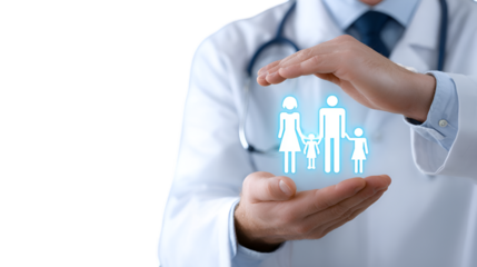 Doctor protecting family with hands isolated on transparent background, insurance concept