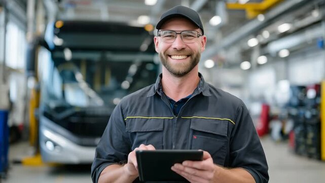 A skilled mechanic reviews bus systems on a tablet in a clean, well-equipped garage.