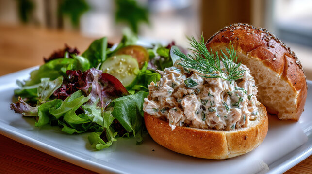 Fresh Gourmet Sandwich with Chicken Salad, Tomato, Spinach and Microgreens on Multigrain Bread – Close Up Healthy Lunch Concept