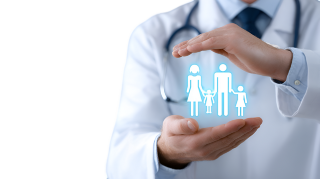 Doctor protecting family with hands isolated on transparent background, insurance concept