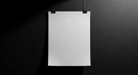 Blank White Poster Hanging on Dark Wall with Clips.