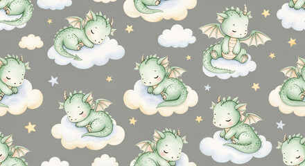 Obraz premium Seamless watercolor baby dragon pattern on clouds with stars, cute hand-painted fantasy creature illustration for nursery decor, kids fabric, and whimsical wall art 