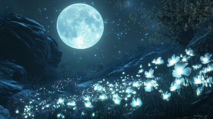A fantasy garden filled with bioluminescent flowers glowing under a full moon, ethereal and magical