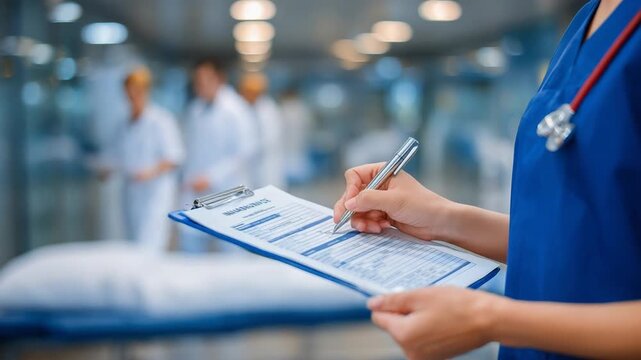 A nurse fills out a medical insurance form on a clipboard, with patient details and checkboxes visible against a clinic backdrop.