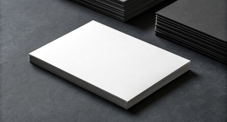Blank white business cards stacked on dark textured surface