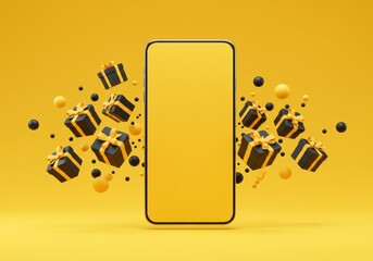 A smartphone mockup featuring gifts and a blank screen on a bright yellow background.