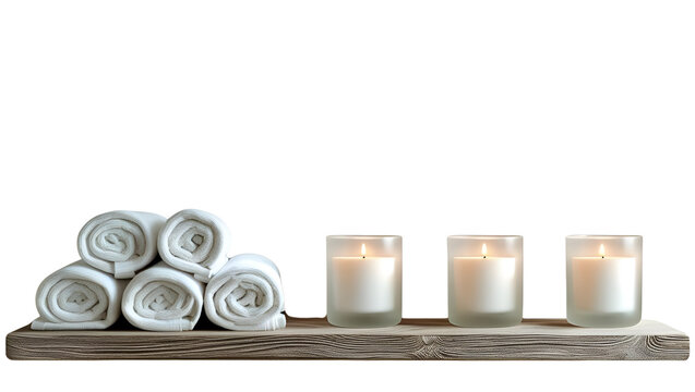 Minimalist bathroom shelf with rolled towels and spa candles for relaxing decor
