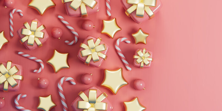 3D pink and gold Christmas gifts with candy canes