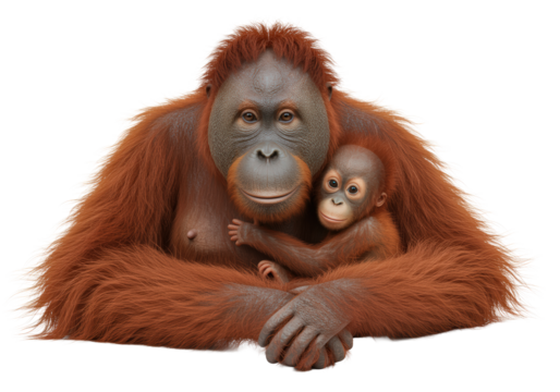 Mother orangutan holding baby orangutan isolated on transparent background