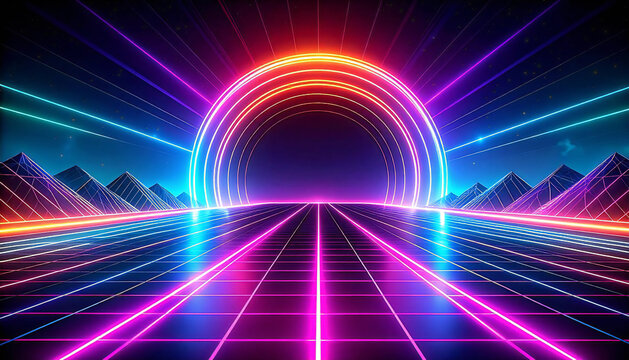 ネオンカラーと抽象的な形のレトロな80年代の背景。Retro 80s background with neon colors and abstract shapes.