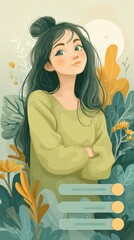 Young Woman in Green Sweater Surrounded by Nature Elements, Exploring Wellness, Incentives, and Personal Preferences in Modern Design