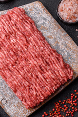 Raw minced beef or pork, ground meat for burgers. Raw minced meat