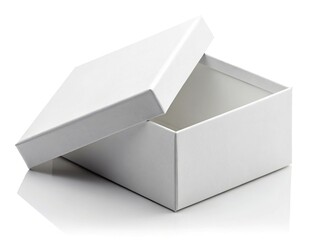 Open white cardboard gift box with lid slightly ajar on white background