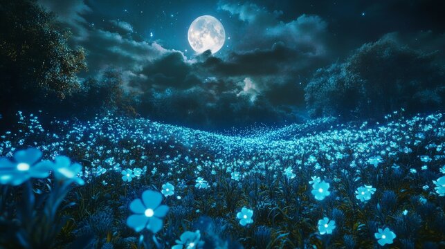 A fantasy garden filled with bioluminescent flowers glowing under a full moon, ethereal and magical - Powered by Adobe