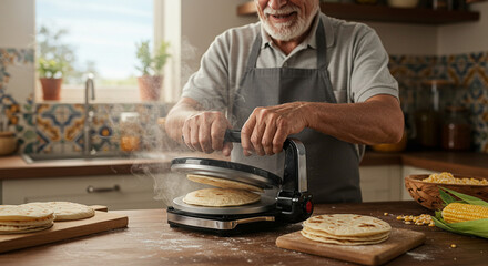 Grandfather pressing tortillas in an electric tortilla press