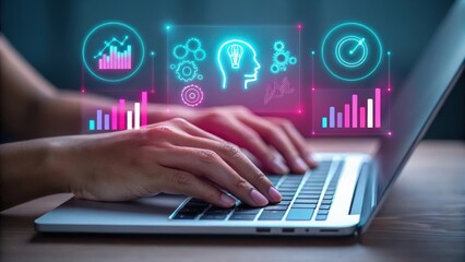 Close up of hands typing on a laptop with futuristic glowing digital interface and data analytics visualizations