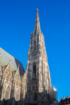 Photo of the tall tower of St. Stephen's Cathedral in Vienna, Austria