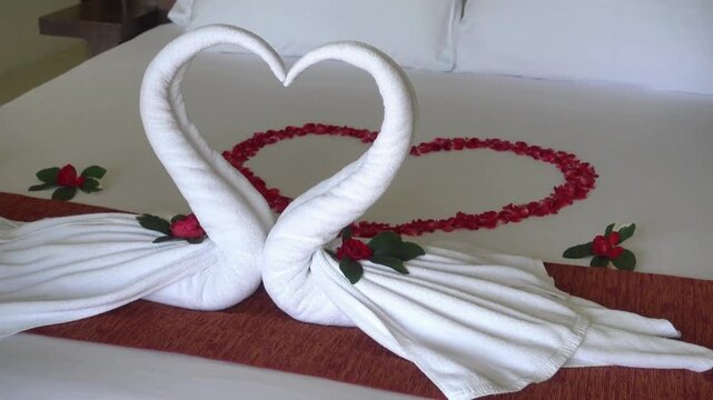 Romantic bedroom decorated with rose petals and towel swans for honeymoon vacation