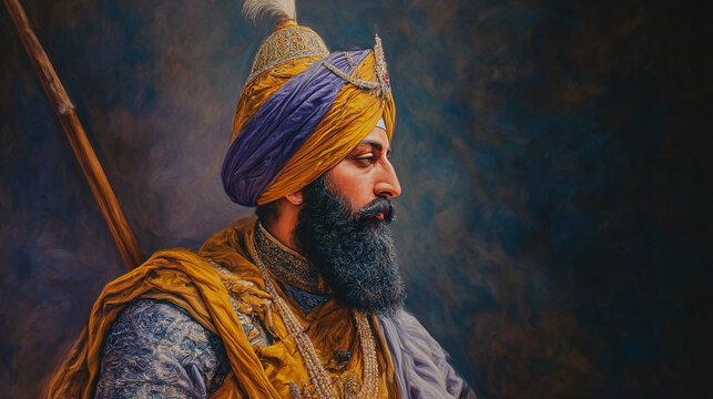 Portrait of a sikh warrior in traditional attire with a turban and a spear on a dark background
