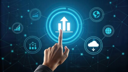 Human finger touching glowing digital interface displaying upward trending bar graph and interconnected business icons representing growth