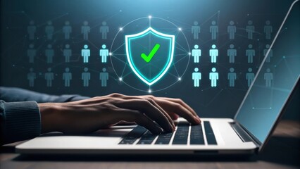 Hands typing on laptop with glowing shield and human icons representing cybersecurity and data protection