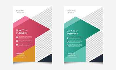 Modern business flyer template with geometric layout in pink and green variations for corporate promotion and marketing