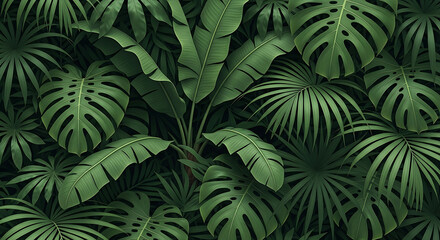 Lush tropical foliage creates a vibrant, natural jungle backdrop brimming with lush green monstera and palm leaves for a serene escape