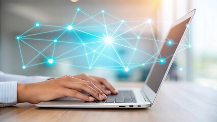 Close up of hands typing on a laptop with a glowing blue digital network connection overlay