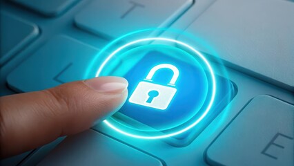 Close up of a finger pressing a glowing blue digital lock icon on a modern computer keyboard representing cybersecurity and data protection