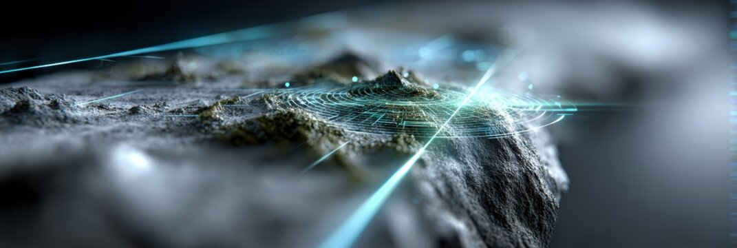 futuristic earth map, earth terrain map overlaid with holographic terraforming grids, scanning beams, glowing data ui, and clean corner text zone