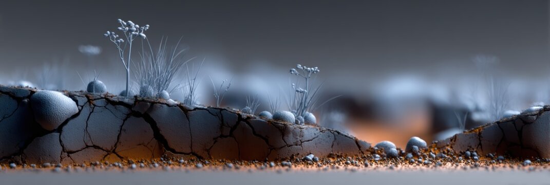 post-apocalyptic landscape, fiery landscape with early vegetation, ash wasteland background, molten ground, and biome tubes, topped with a title or headline - Powered by Adobe