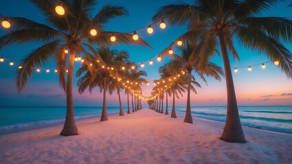 Beach vacation sunset with palm trees and string lights a tropical paradise travel destination getaway scene on transparent background