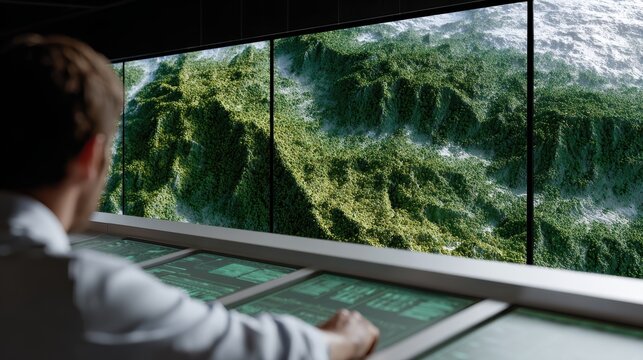 futuristic command center, engineers at a high-tech terraforming command center use holographic maps and data interfaces to project earth ecosystems