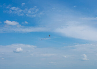 Blauer Himmel mit Watteweißen Wolken an dem ein Drachen fliegt.