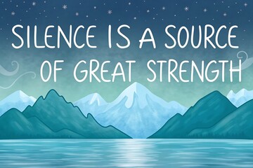 Inspiring quote about silence being a source of great strength over a serene mountain landscape at dusk