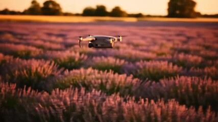 Gray Drone Flies Over Rows of Blooming Lavender Field at Sunset in Countryside With Warm Lighting During Golden Hour - Powered by Adobe